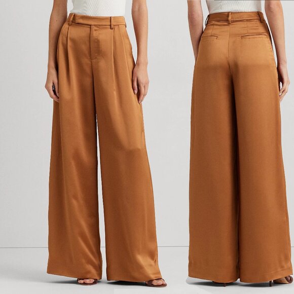 Lauren Ralph Lauren Pleated Satin Charmeuse Bronze Wide-Leg Pant - Picture 1 of 9